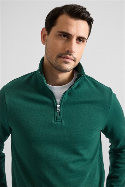 Koyu Yeşil Regular Düz Yarım Balıkçı Yaka Sweatshirt
