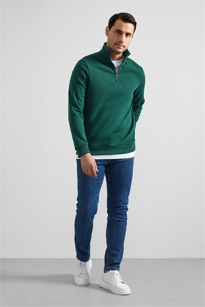 Koyu Yeşil Regular Düz Yarım Balıkçı Yaka Sweatshirt