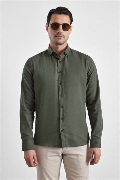 Koyu Yeşil Slim Düğmeli Yaka Düz Uzun Kollu Casual Gömlek