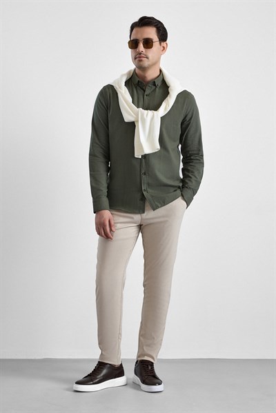 Koyu Yeşil Slim Düğmeli Yaka Düz Uzun Kollu Casual Gömlek