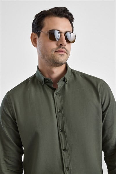 Koyu Yeşil Slim Düğmeli Yaka Düz Uzun Kollu Casual Gömlek