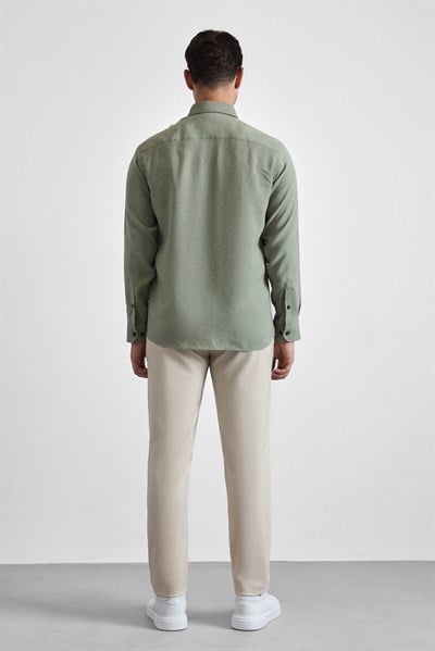 Koyu Yeşil Slim Klasik Yaka Düz Uzun Kollu Casual Gömlek