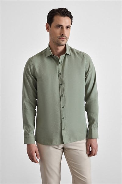 Koyu Yeşil Slim Klasik Yaka Düz Uzun Kollu Casual Gömlek