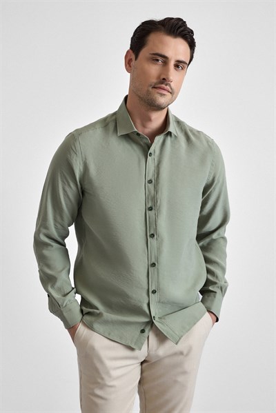 Koyu Yeşil Slim Klasik Yaka Düz Uzun Kollu Casual Gömlek