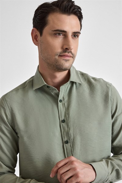 Koyu Yeşil Slim Klasik Yaka Düz Uzun Kollu Casual Gömlek