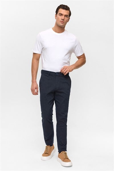 Lacivert Regular Armürlü Kanvas Pantolon