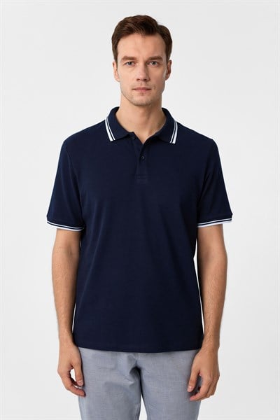 Lacivert Regular Armürlü Polo Yaka Tişört