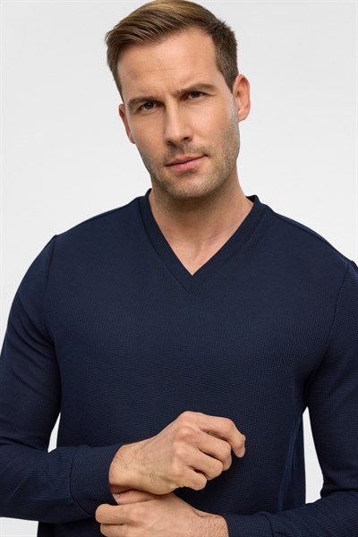 Lacivert Regular Armürlü V Yaka Triko