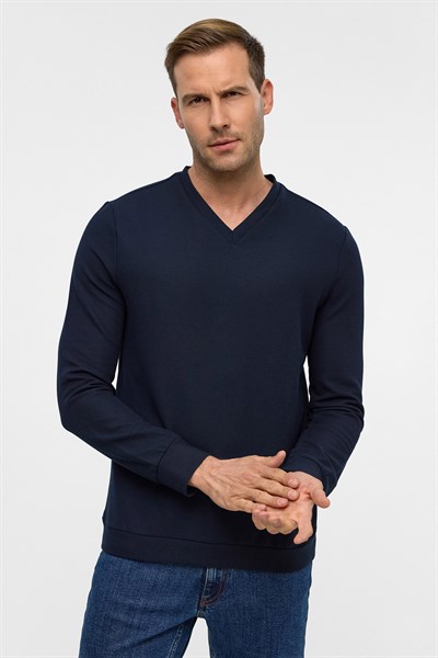 Lacivert Regular Armürlü V Yaka Triko
