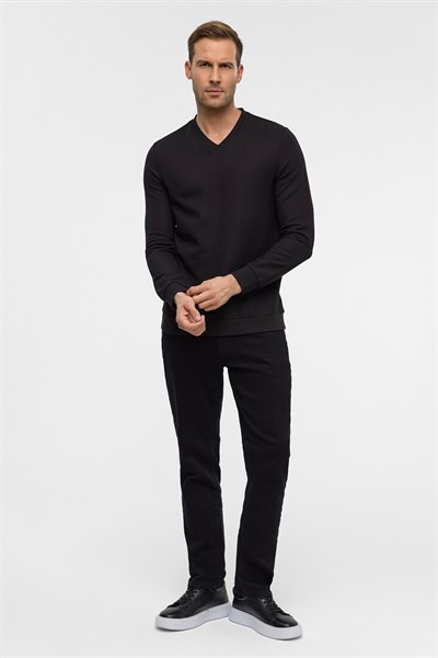 Lacivert Regular Armürlü V Yaka Triko