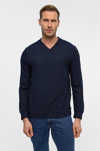 Lacivert Regular Armürlü V Yaka Triko