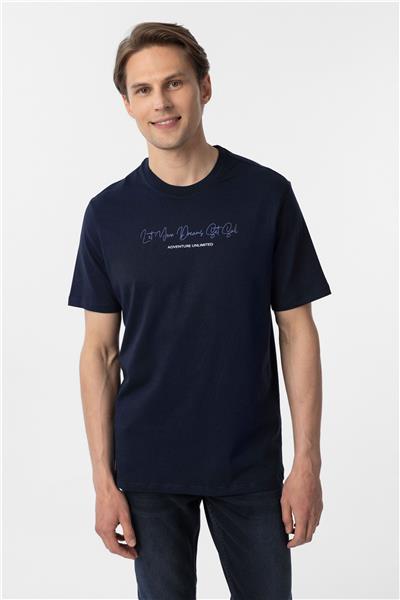 Lacivert Regular Baskılı Bisiklet Yaka Tişört