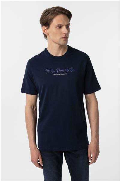Lacivert Regular Baskılı Bisiklet Yaka Tişört
