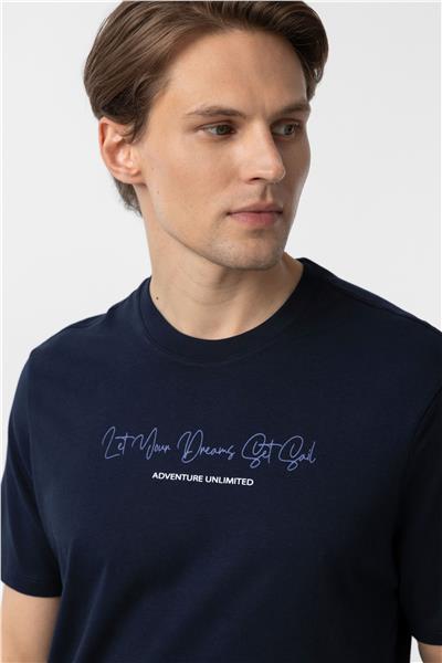 Lacivert Regular Baskılı Bisiklet Yaka Tişört