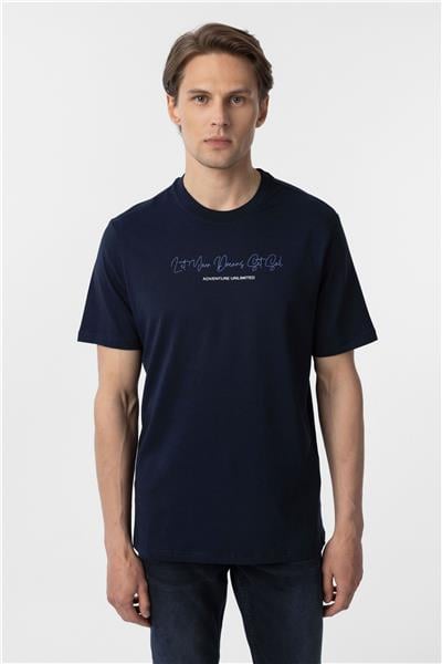 Lacivert Regular Baskılı Bisiklet Yaka Tişört