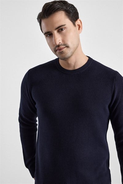 Lacivert Regular Bisiklet Yaka Kazak