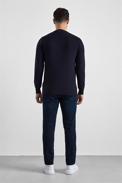 Lacivert Regular Bisiklet Yaka Kazak