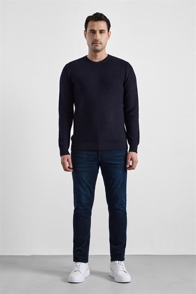 Lacivert Regular Bisiklet Yaka Kazak