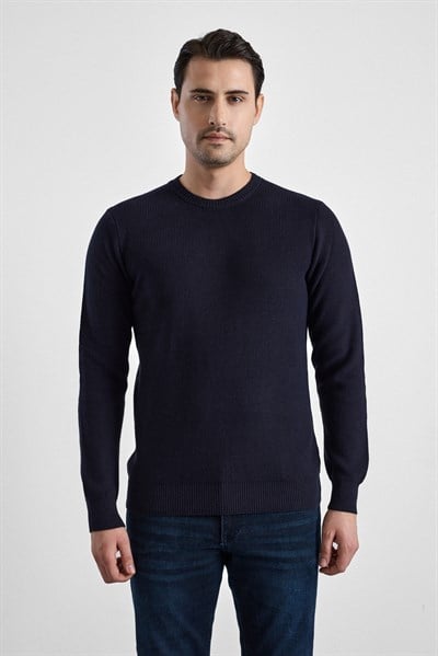 Lacivert Regular Bisiklet Yaka Kazak