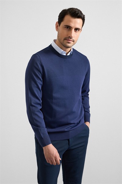 Lacivert Regular Bisiklet Yaka Kazak