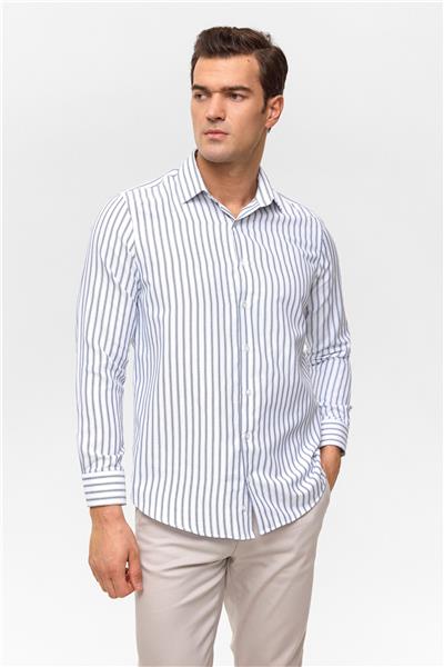 Lacivert Regular Çizgili Klasik Yaka Gömlek