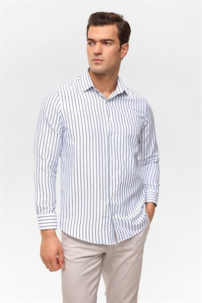 Lacivert Regular Çizgili Klasik Yaka Gömlek