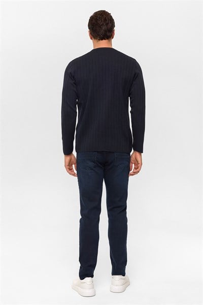 Lacivert Regular Desenli Bisiklet Yaka Triko Kazak