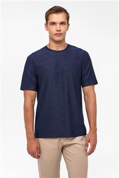 Lacivert Regular Desenli Bisiklet Yaka Tişört