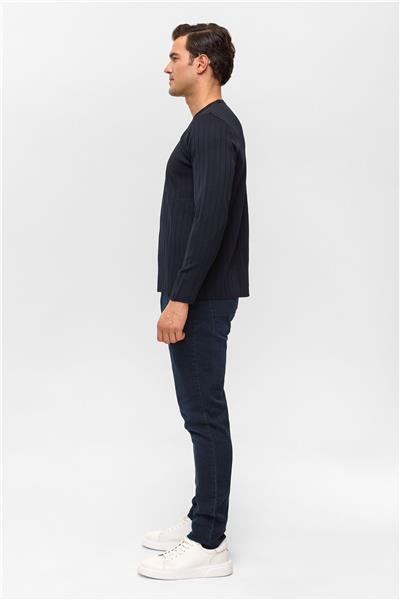 Lacivert Regular Desenli Bisiklet Yaka Triko Kazak