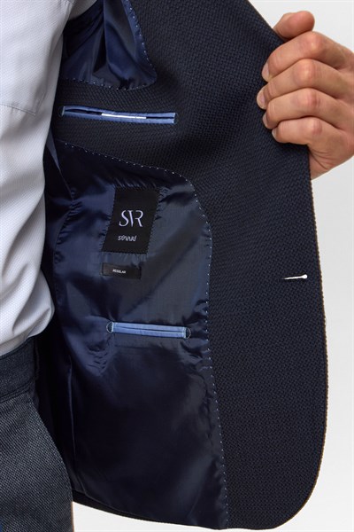 Lacivert Regular Desenli Mono Yaka 4 Drop Ceket