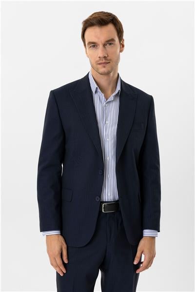 Lacivert Regular Desenli Sivri Yaka 4 Drop Klasik Takım Elbise