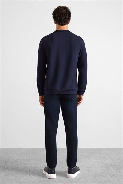 Lacivert Regular Dikey Çizgili Baskısız Jakarlı Bisiklet Yaka Cepsiz Düz Sweatshirt