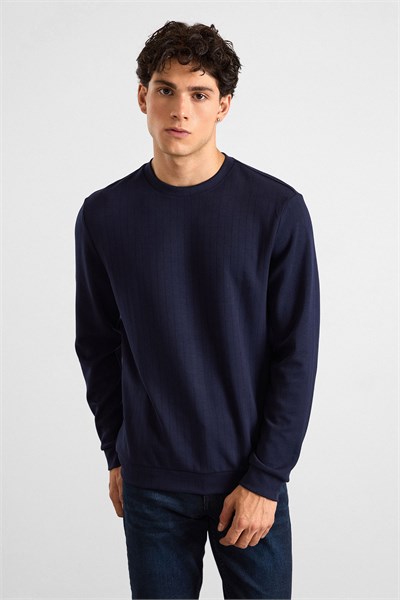 Lacivert Regular Dikey Çizgili Baskısız Jakarlı Bisiklet Yaka Cepsiz Düz Sweatshirt