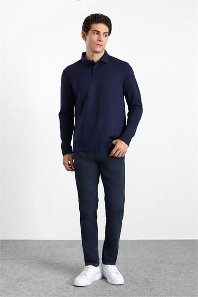 Lacivert Regular Dikey Çizgili Baskısız Jakarlı V Pat Polo Yaka Cepsiz Sweatshirt