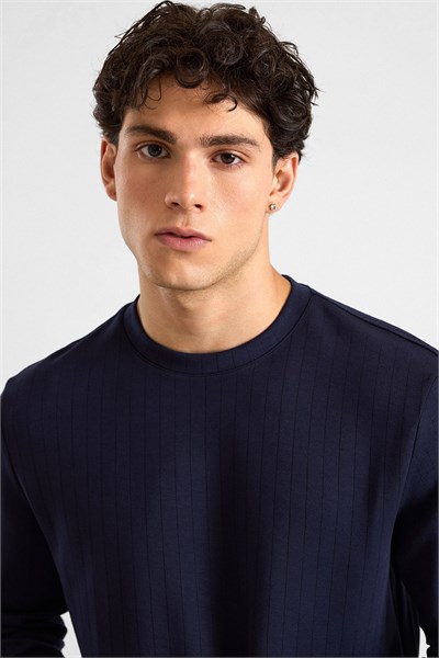 Lacivert Regular Dikey Çizgili Baskısız Jakarlı Bisiklet Yaka Cepsiz Düz Sweatshirt