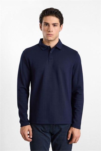 Lacivert Regular Dikey Çizgili Baskısız Jakarlı V Pat Polo Yaka Cepsiz Sweatshirt