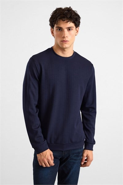 Lacivert Regular Dikey Çizgili Baskısız Jakarlı Bisiklet Yaka Cepsiz Düz Sweatshirt
