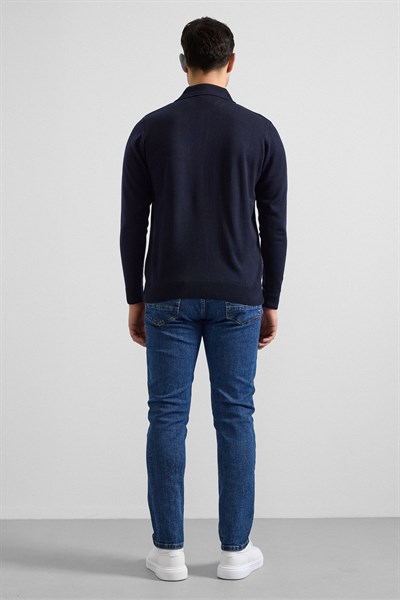 Lacivert Regular Düğmeli Polo Yaka Kazak