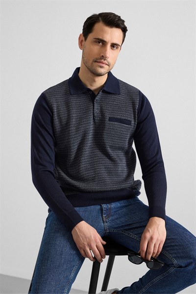 Lacivert Regular Düğmeli Polo Yaka Kazak