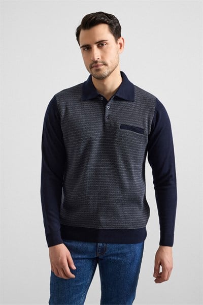 Lacivert Regular Düğmeli Polo Yaka Kazak