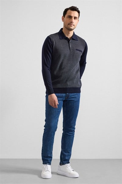 Lacivert Regular Düğmeli Polo Yaka Kazak