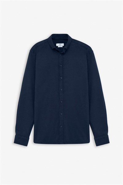 Lacivert Regular Düğmeli Yaka Düz Cepsiz Casual Gömlek