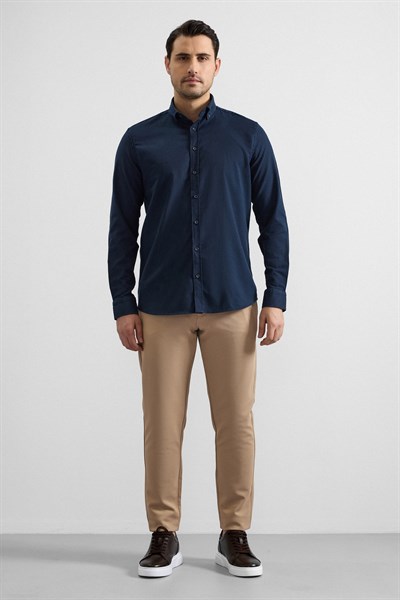 Lacivert Regular Düğmeli Yaka Düz Cepsiz Casual Gömlek