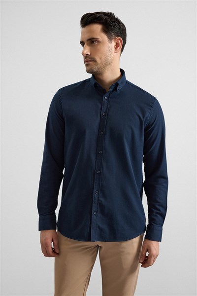 Lacivert Regular Düğmeli Yaka Düz Cepsiz Casual Gömlek