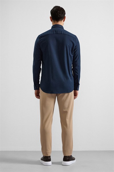 Lacivert Regular Düğmeli Yaka Düz Cepsiz Casual Gömlek