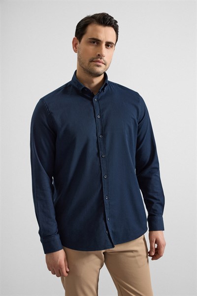 Lacivert Regular Düğmeli Yaka Düz Cepsiz Casual Gömlek