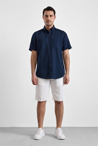Lacivert Regular Düğmeli Yaka Düz Kısa Kollu Casual Gömlek
