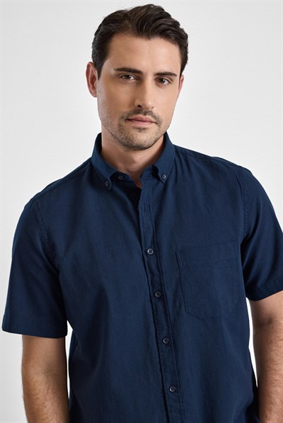 Lacivert Regular Düğmeli Yaka Düz Kısa Kollu Casual Gömlek