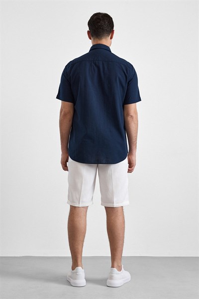 Lacivert Regular Düğmeli Yaka Düz Kısa Kollu Casual Gömlek