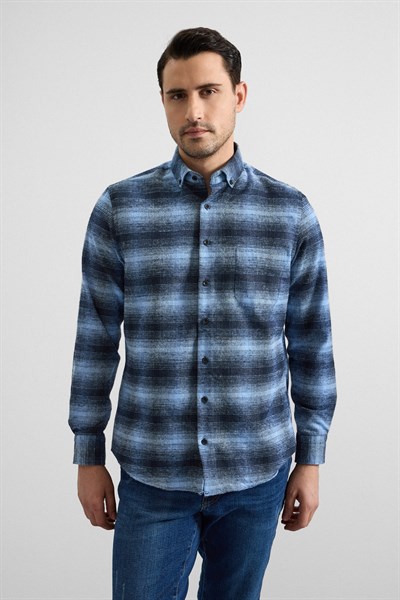 Lacivert Regular Düğmeli Yaka Kareli Casual Gömlek